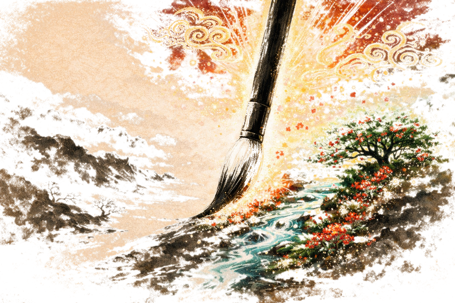 A celestial brush painting reality into existence — color blooms where it touches