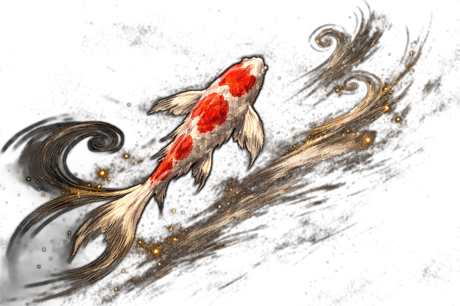 A koi fish swimming upward through dark water, vermillion and gold trailing behind