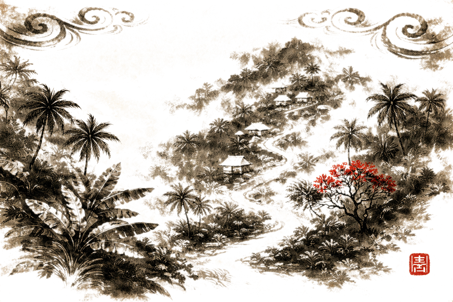 Tropical hillside of Mandeville, Jamaica through morning mist