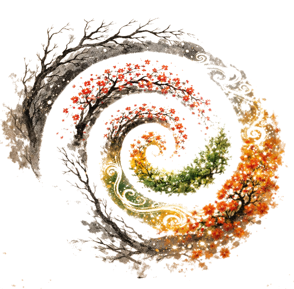 A spiral of seasons — winter, spring, summer, autumn — time compounding into growth