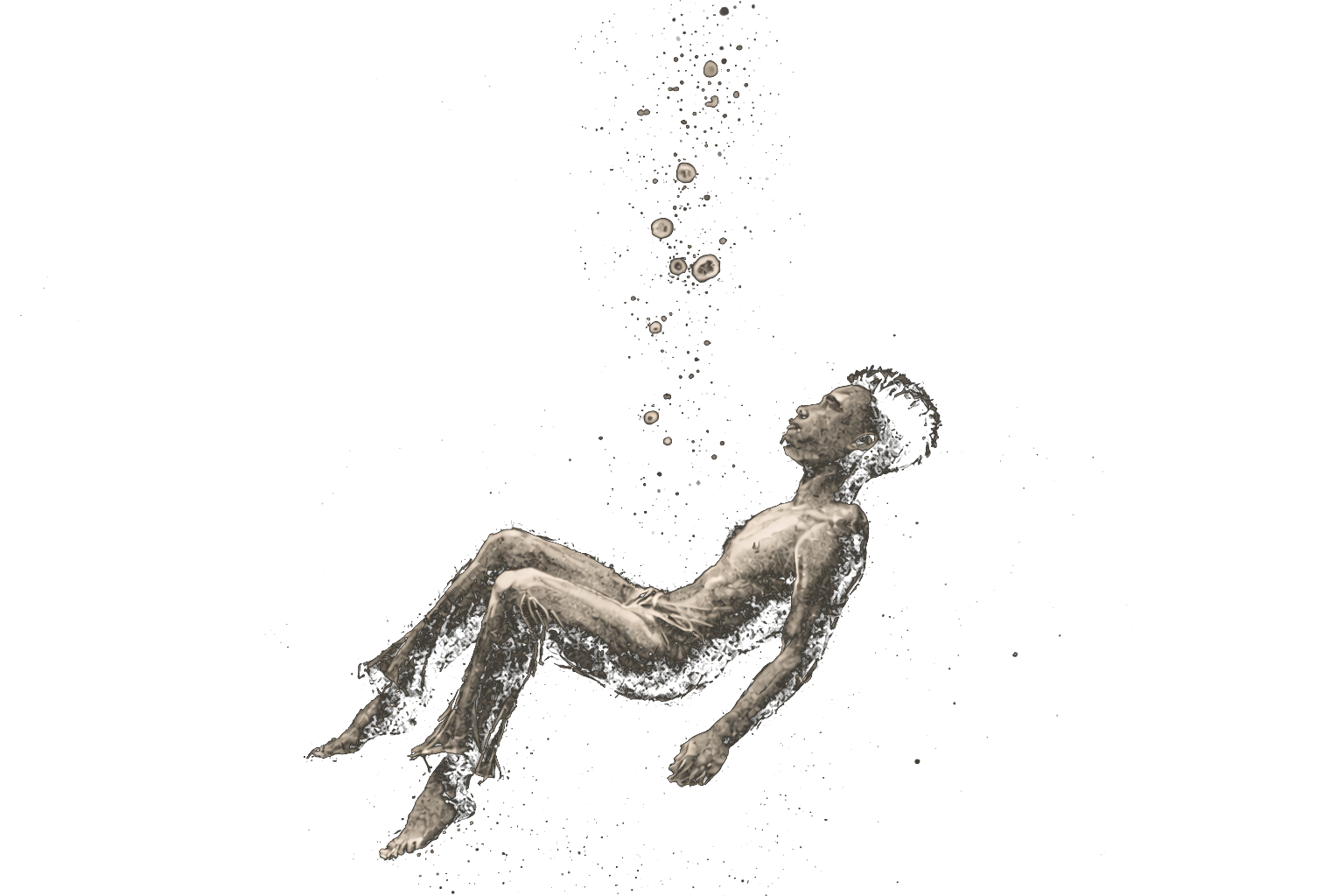 A figure submerged in deep water, sinking slowly, a vermillion ember glowing at the chest