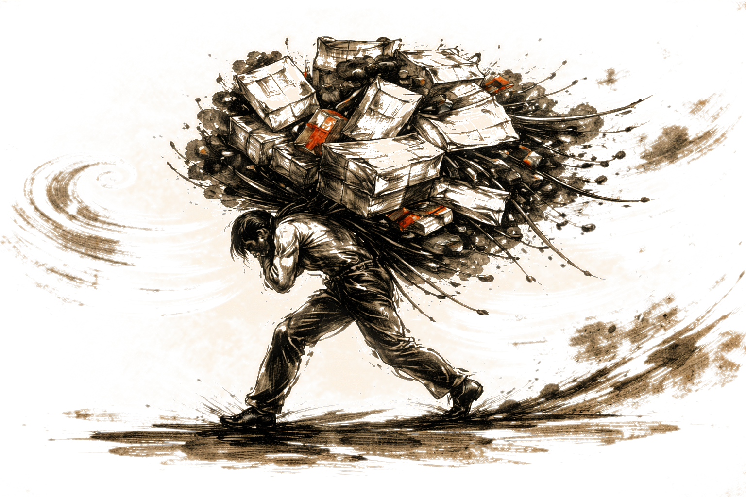 A figure hunched under an enormous bundle, still walking forward