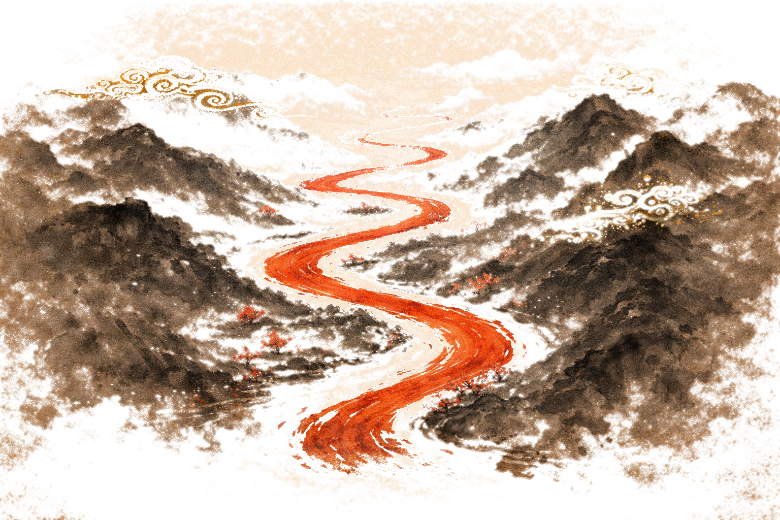 A vermillion river winding through ink-wash mountains — the path seen from above forms a beautiful pattern