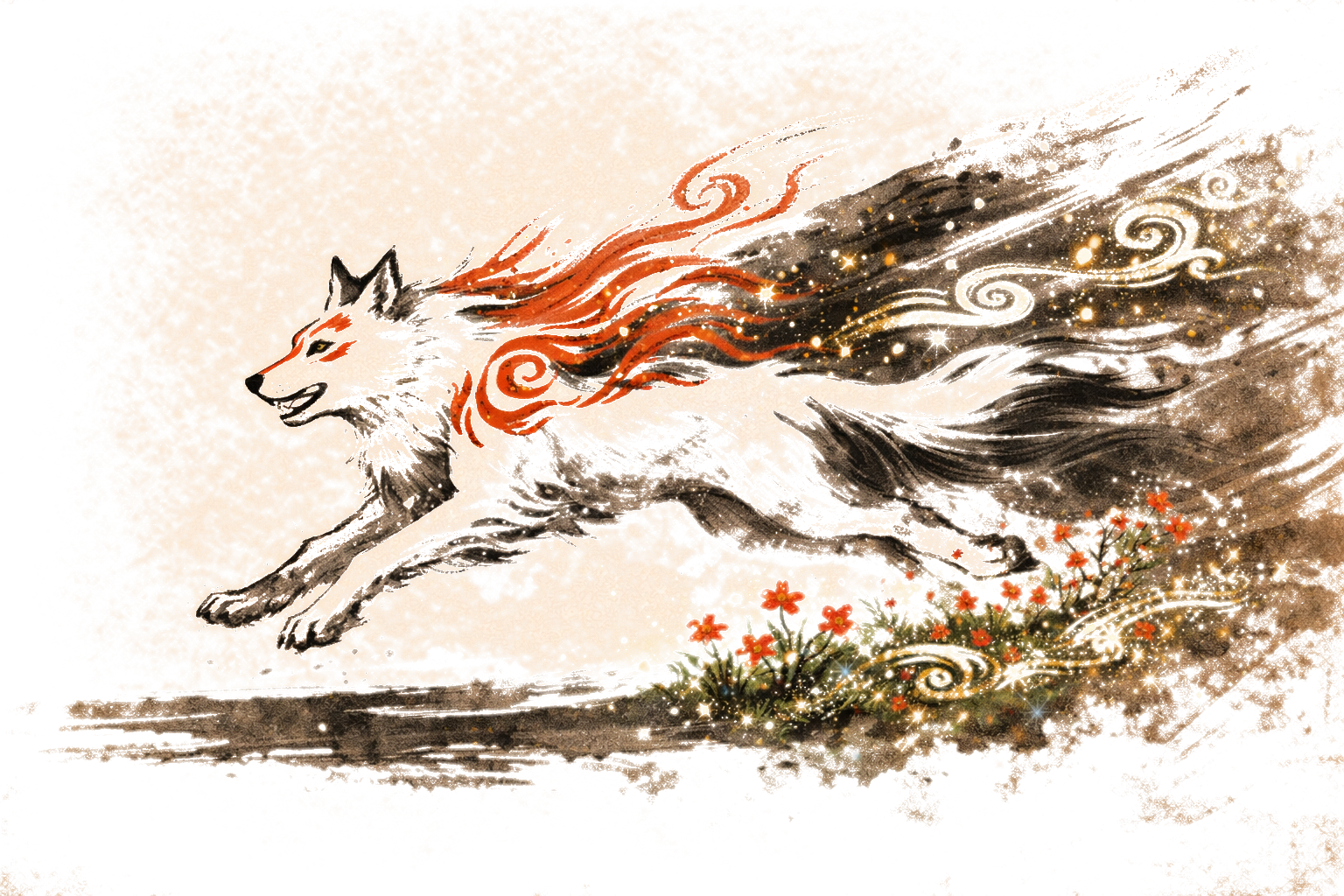 An Ookami-inspired white wolf running at full speed, flowers blooming in its wake